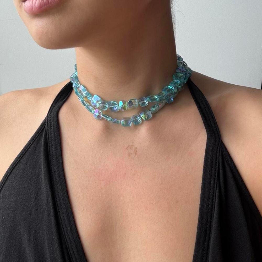 Blue iridescent Aurora Borealis Crystal glass bead choker necklace